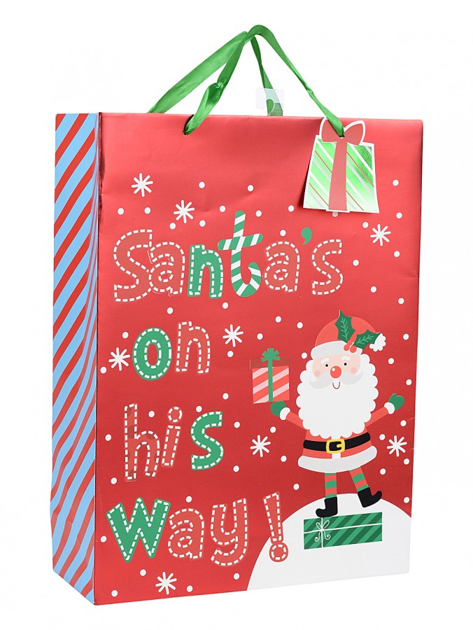 Small Red Christmas Gift Bag With Santa's On His Way! Print