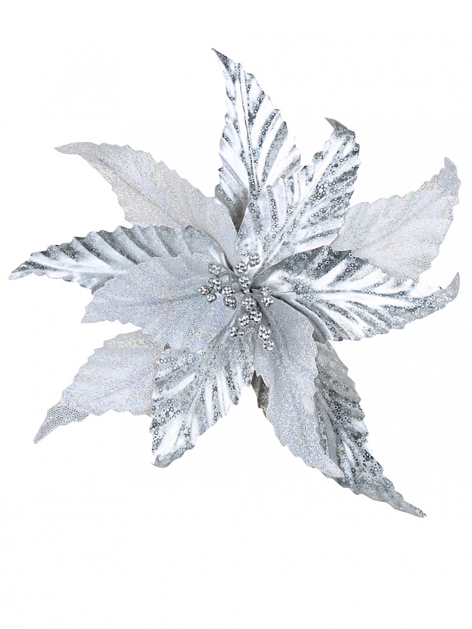 24cm Silver Holographic & Iridescent Poinsettia Flower Christmas Tree Clip Pick