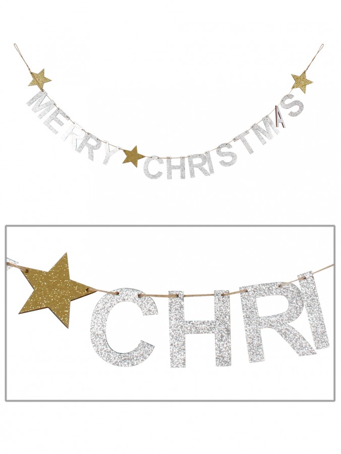 Glittered Merry Christmas & Stars Wooden Banner - 1.1m