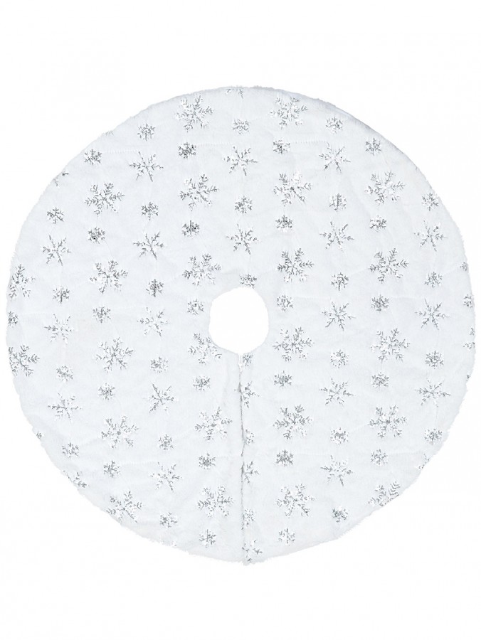 White Faux Fur Christmas Tree Skirt With Silver Sequin Snowflakes Pattern - 1m 