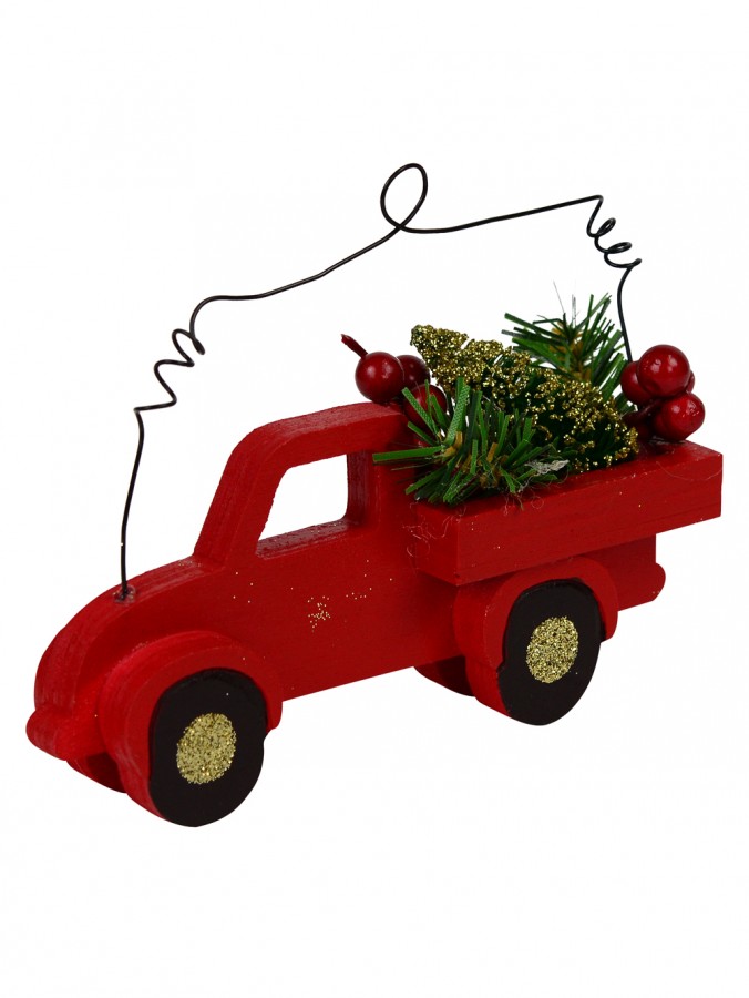 Red Wood Truck With Greenery, Pine Cone & Berries Hanging Ornament - 13cm