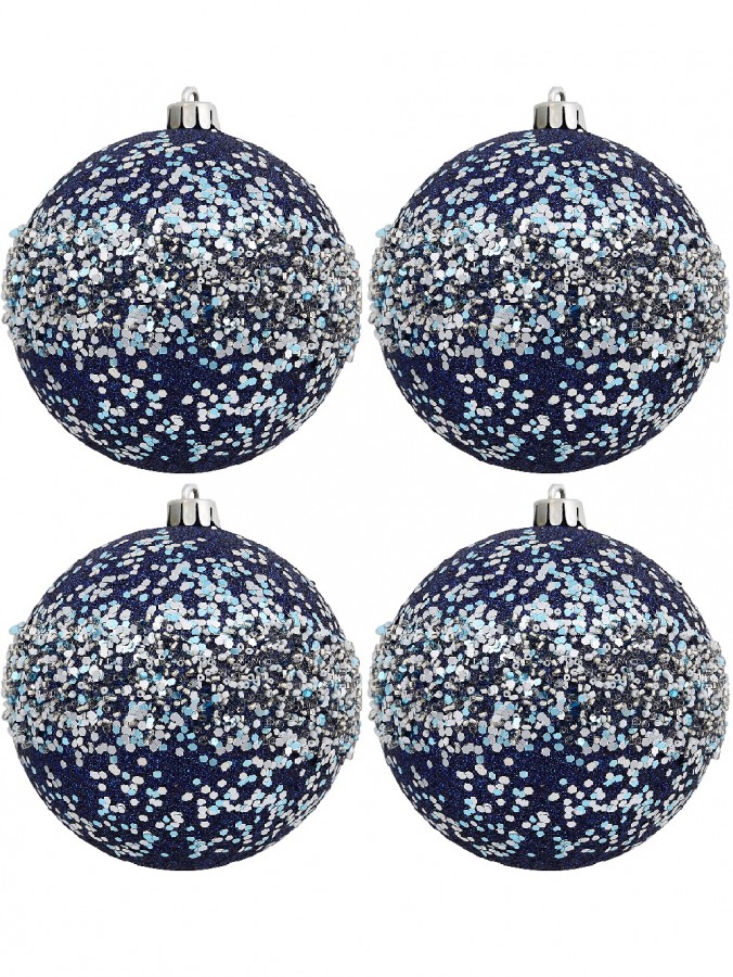Dark Blue Glitter Baubles With Silver Sequins, Flecks & White Beads - 4 x 10cm