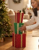Tiered Red & Green Layered Tinsel Gift Boxes Large Display Decoration | 71cm