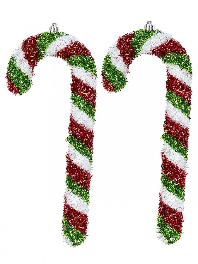 Red, Green & White Stripe Tinsel Candy Cane Hanging Decoration - 4 x 24cm