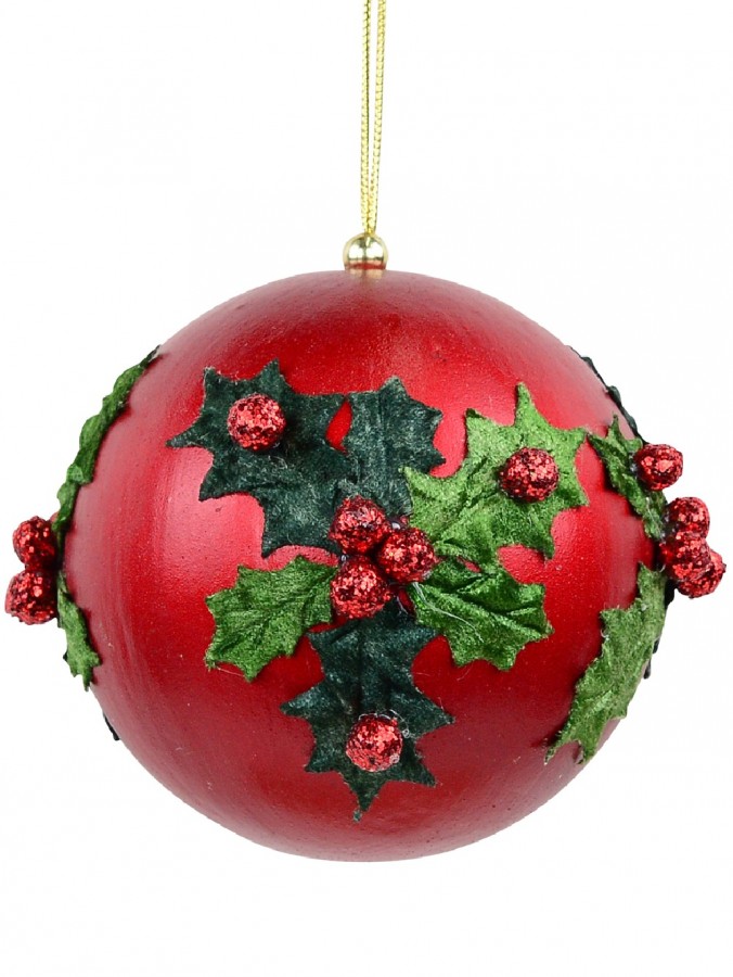 Green Antique Holly Red Bauble Christmas Tree Hanging Decoration - 11cm