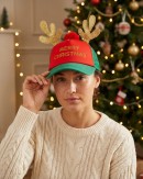 Red & Green With Gold Merry Christmas Reindeer Antler Cap