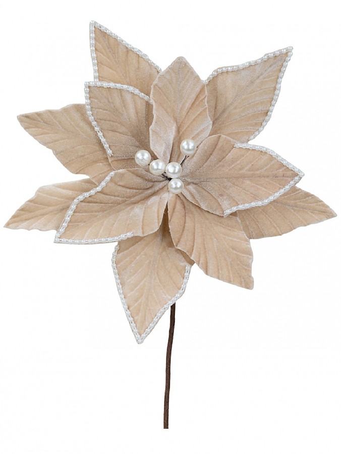 Champagne Khaki Velvet Christmas Poinsettia Stem With Faux Pearl Trim | 28cm