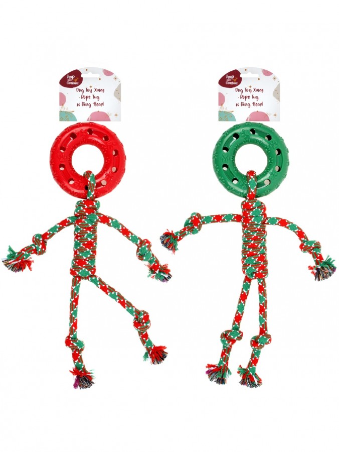 Assorted 38cm Red & Green Ring Head Rope Figure Dog Christmas Tug Toy