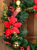 70cm Decorated Wreath With Red & Gold Poinsettias, Baubles, Bows & Foliage