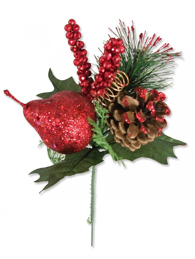 Glittered Pear & Pine Cone Decorative Pick - 14cm