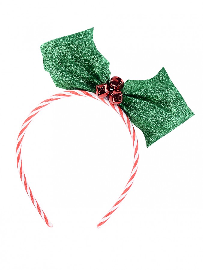 Green Glitter Holly & Red Bell Berries Christmas Headband - One Size Fits Most 