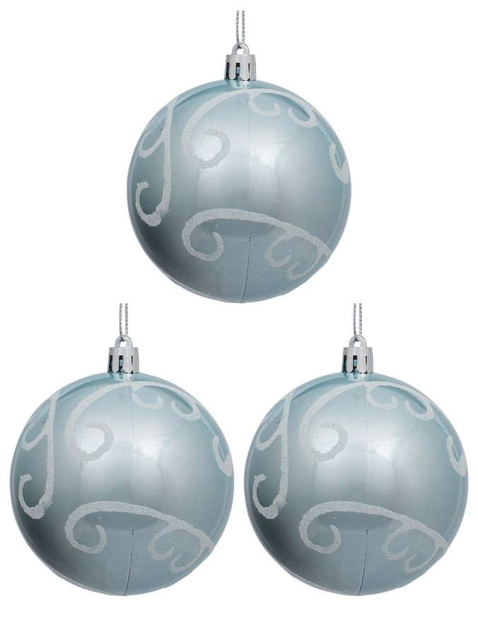 Ice Blue Metallic Christmas Baubles With White Glitter Swirl Patterns - 3 x 80mm