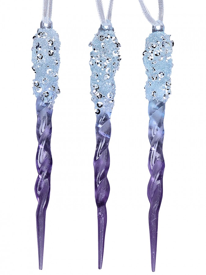 3x 12cm Clear to Purple With Frost & Sequins Christmas Tree Icicle Ornaments