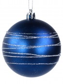 Matte Blue Baubles Decorated With Thin Silver Glitter Stripes - 4 x 80mm