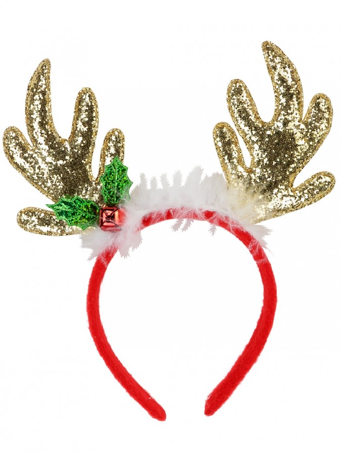 Gold Sequin Reindeer Antlers With Mistletoe, Bell & White Fluff Trim - 22cm