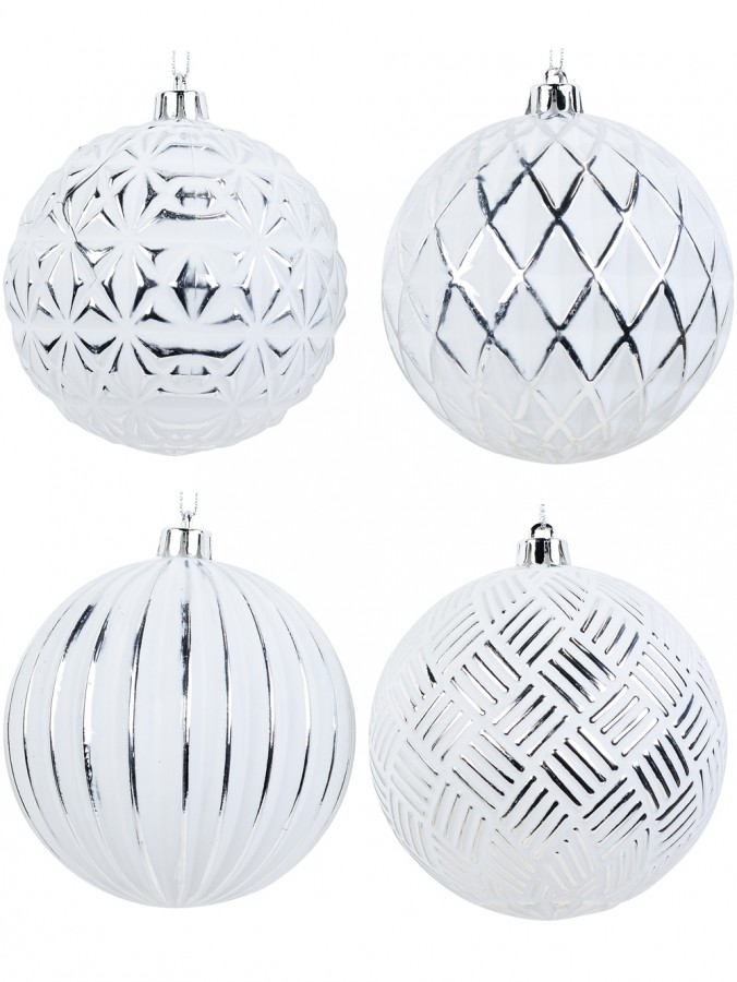 White Christmas Baubles With Assorted Silver Textured Patterns  - 4 x 10cm