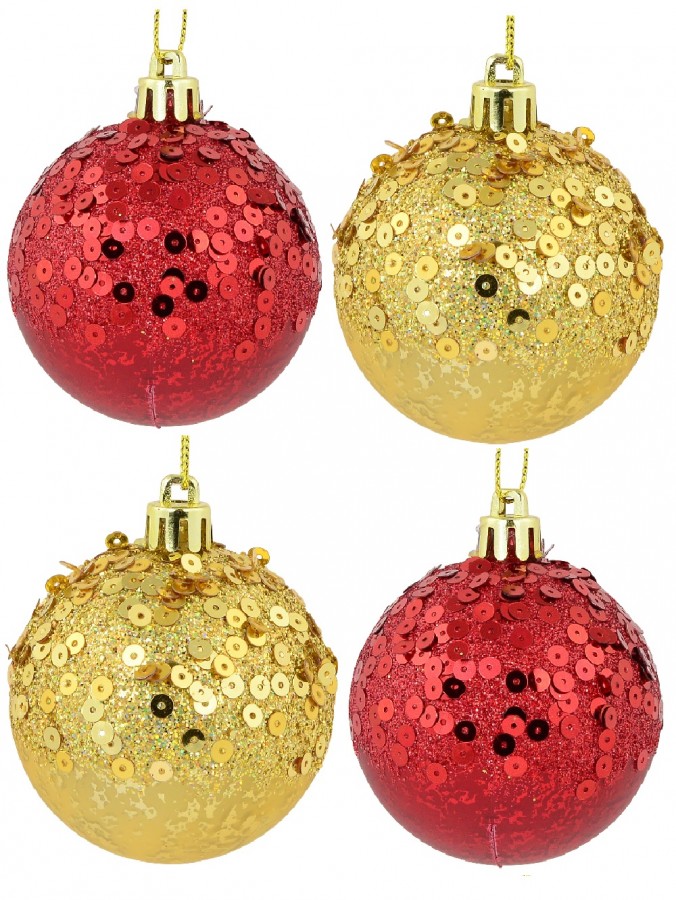 Red & Gold Crackle Effect Christmas Baubles With Sequins Design - 6 x 60mm