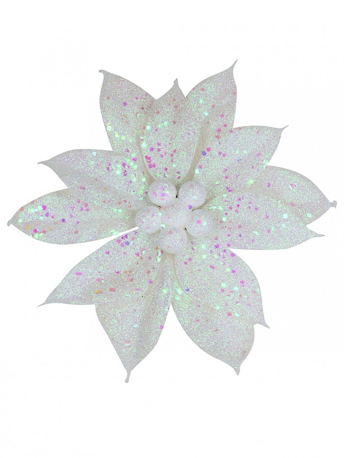 White Poinsettia With Iridescent Decor Christmas Flower Clip Pick - 19cm Wide