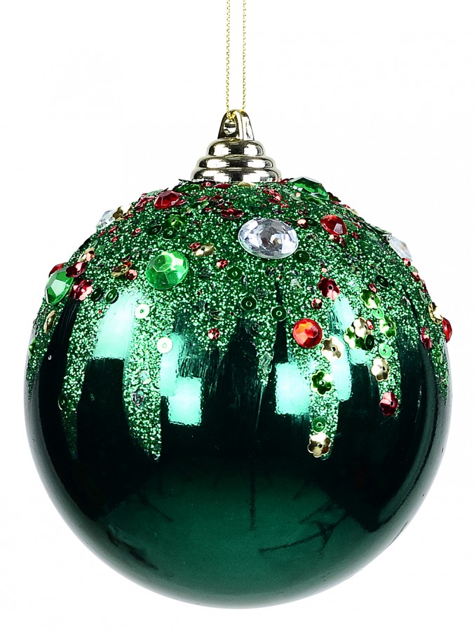 Green Christmas Bauble Decorated With Glitter, Sequins & Simulants - 12cm