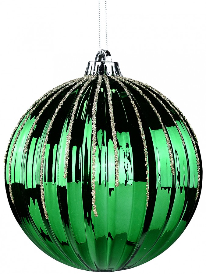 15cm Shiny Green Pumpkin Textured Ball Bauble With Gold Glitter Decoration