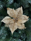 26cm Gold Poinsettia Flower Christmas Tree Clip Pick With Sequins & Glitter