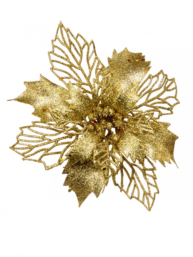 Gold Two Leaf Style Glittered Poinsettia Decorative Christmas Floral Pick - 18cm