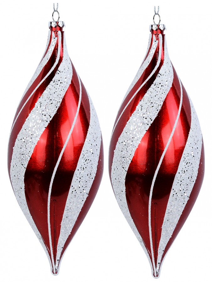 Red & White Candy Swirl Christmas Pinecone Bauble Decorations - 2 x 19cm