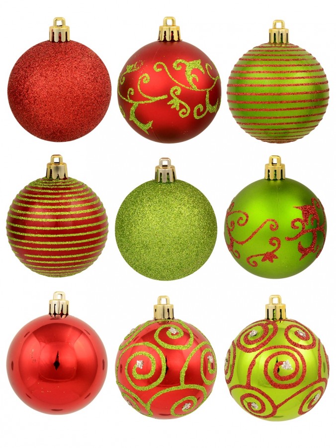 Various Green & Red Baubles With Plain & Glittered Patterns  - 9 x 60mm