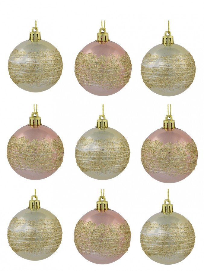 Pink & Champagne Pearl Baubles With Gold Glittered White Stripes - 12 x 60mm 