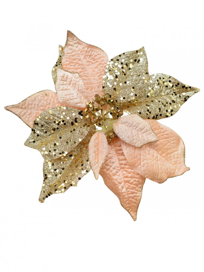 Pink & Gold Two Petal Style Poinsettia Decorative Christmas Flower Pick - 28cm