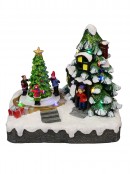 Christmas Tree Scene With Kids & Elf With LED Lights & Animated Tree - 19cm
