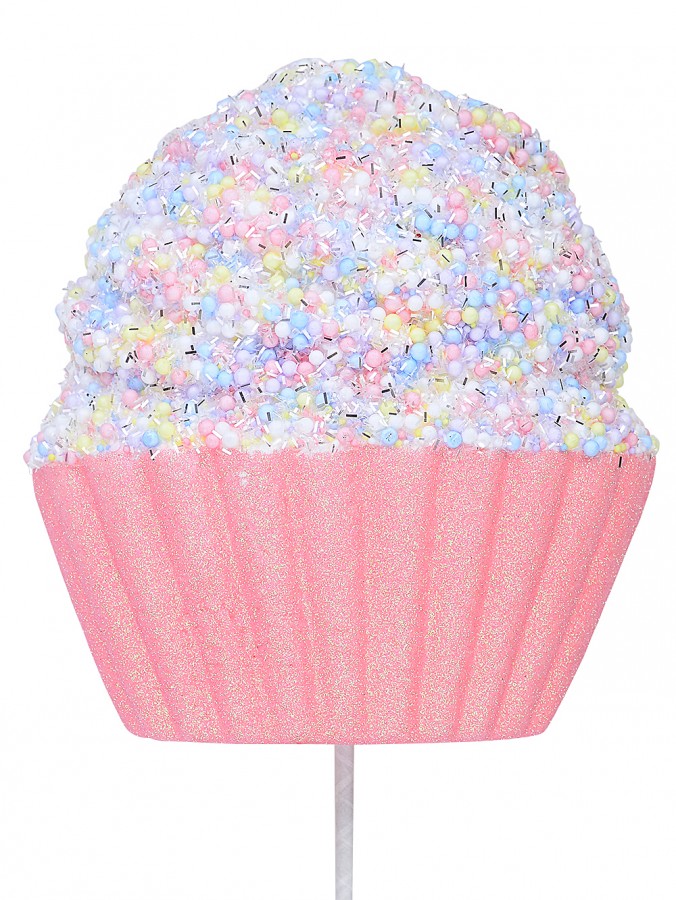 71cm Pink Cupcake With Pastel Sprinkles & Silver Tinsel Long Christmas Stem