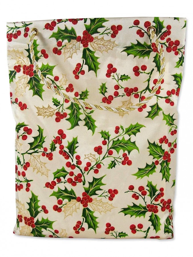 Ivory With Green Holly & Red Berry Print Gift Bag - 32cm