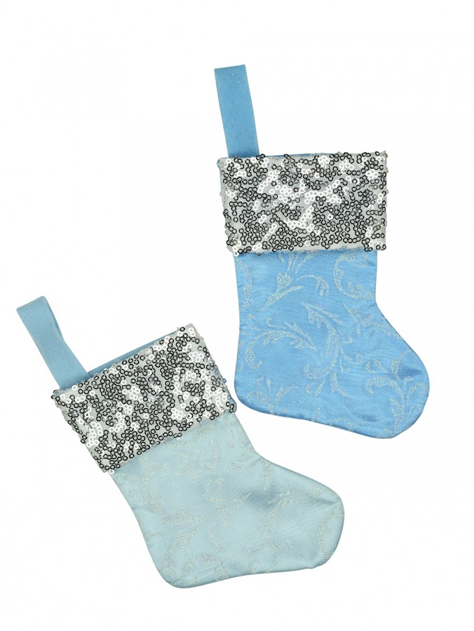 Mini Blue With Silver Cuff Christmas Stocking Hanging Decorations - 6 x 15cm