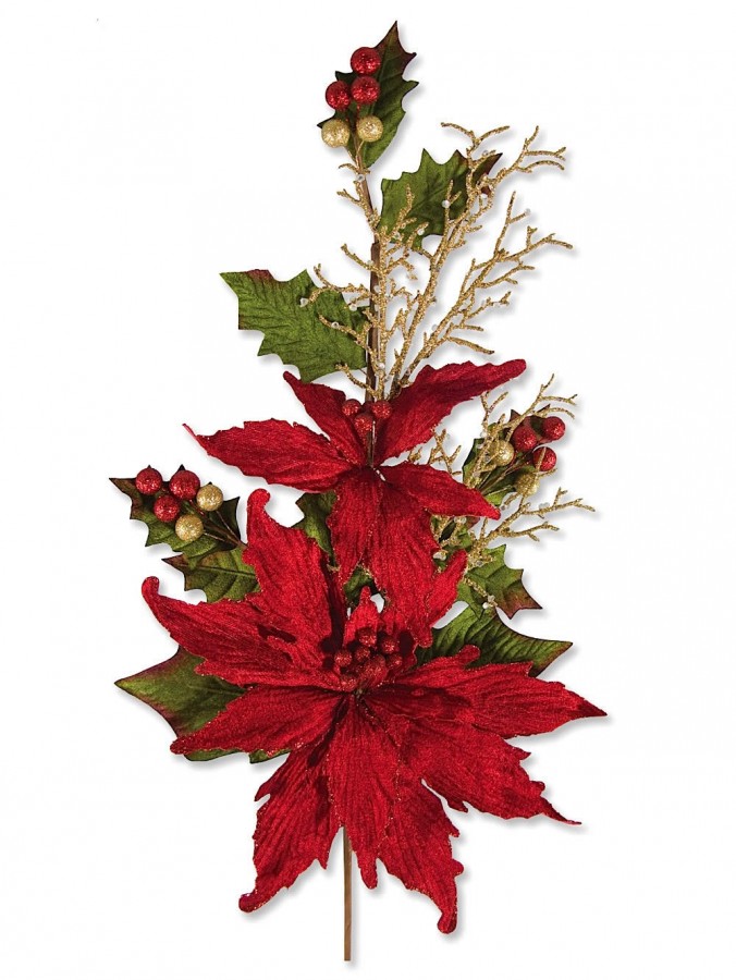 Red Poinsettia Pick With Berries Leaves & Twigs - 63cm