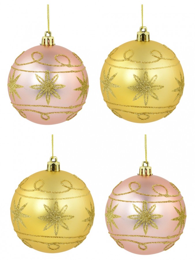 Pink & Gold With Gold Glitter Star & Swirl Pattern Baubles - 4 x 80mm