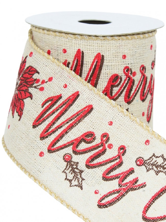 Font & Floral Pattern On Mesh Fabric Christmas Ribbon With Natural Edging - 3m