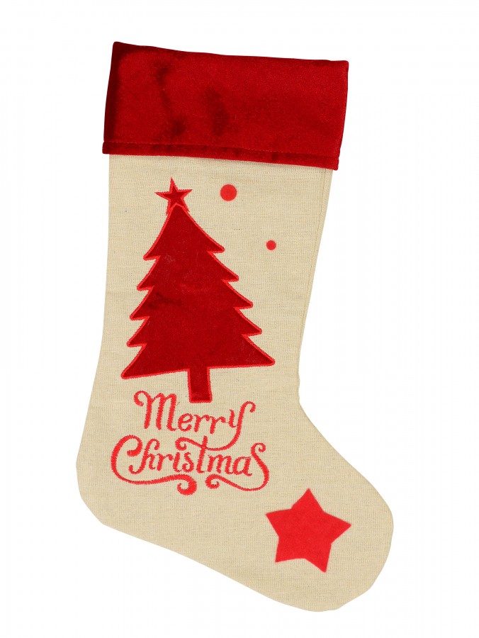 Natural Burlap With Merry Christmas & Tree Design Christmas Stocking - 42cm