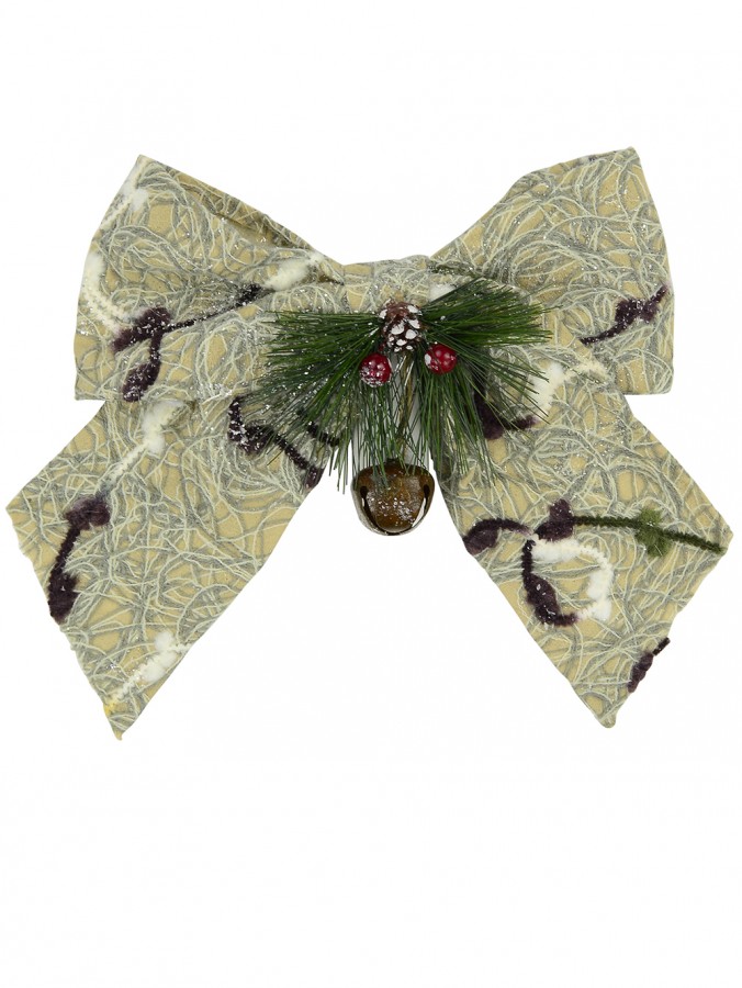 Fabric Bow Decoration With Pine Needles & Bell - 24cm
