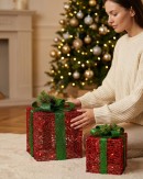 Red Glitter Mesh 3D Gift Box LED Display Set | 25cm & 20cm