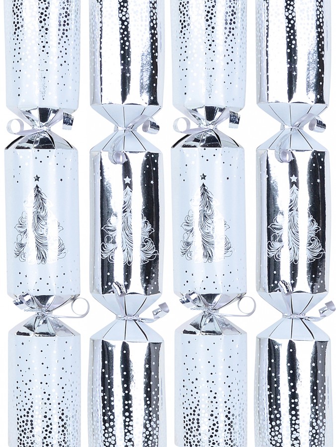 White & Shiny Silver With Tree & Stars Christmas Cracker Bon Bons - 12 x 30cm