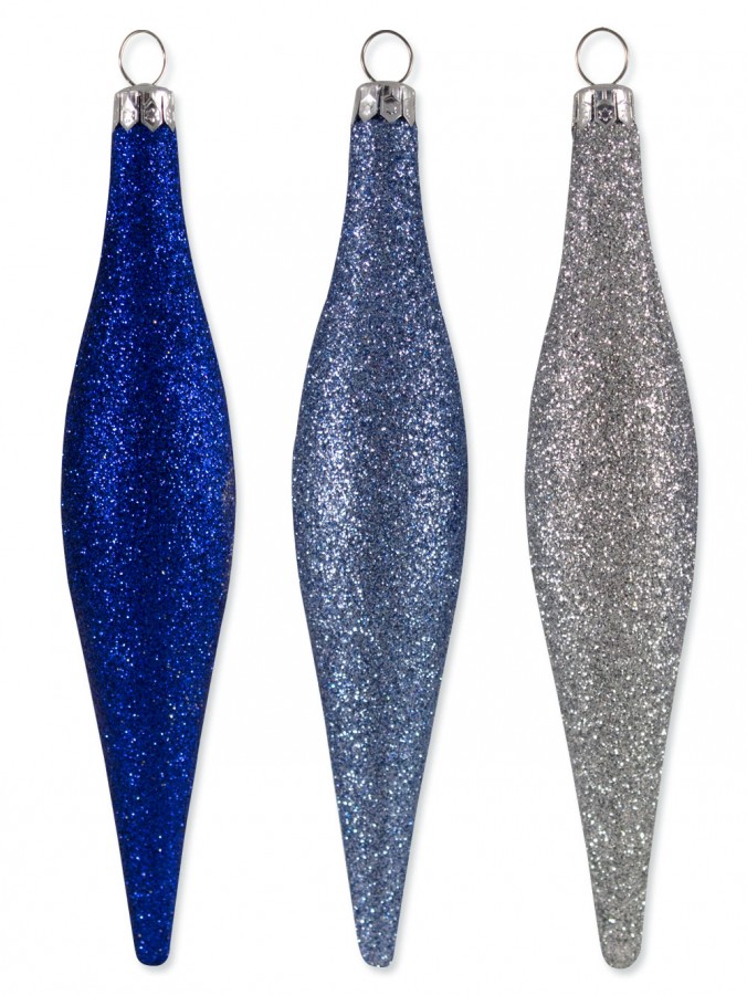 Blue & Silver Glittered Pine Cone Decorations - 6 x 15cm