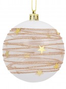 Taupe, White & Clear Baubles With Gold Stars & Glitter Lines - 4 x 80mm