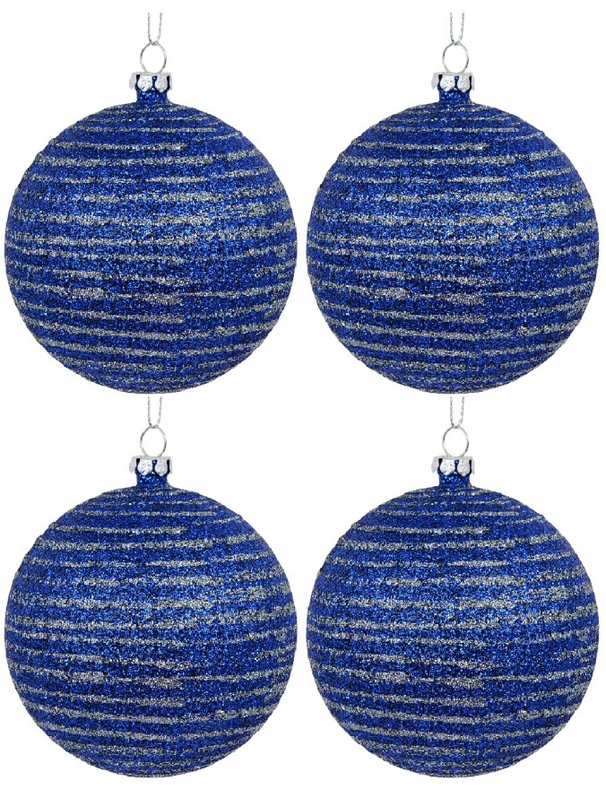 Blue Glittered Christmas Baubles With Silver Glittered Stripes - 4 x 80mm