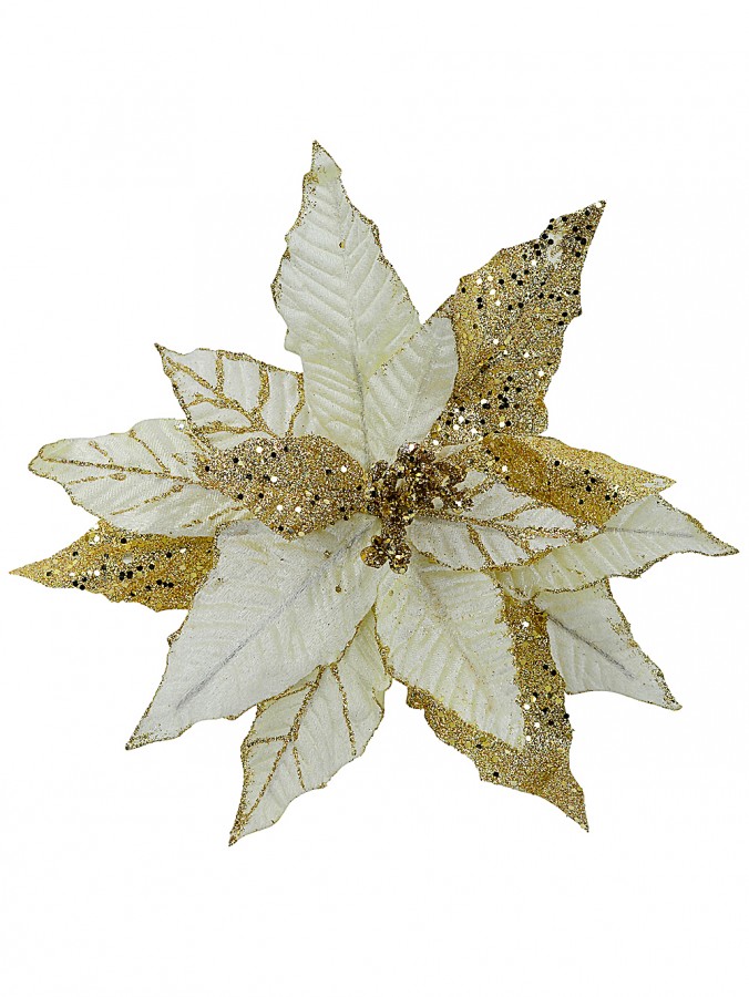 25cm Gold Poinsettia Flower With Gold Glitter Detail Christmas Tree Clip Pick