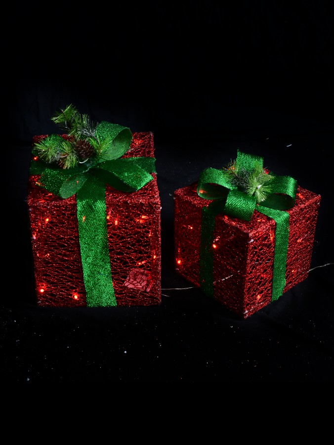 Glittered Red Mesh 3D Gift Boxes With Bow & Warm White LED Lights - 30cm