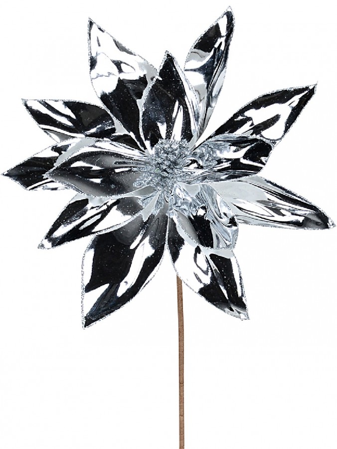 Silver Patent High Shine Poinsettia Christmas Flower Long Stem - 28cm Wide