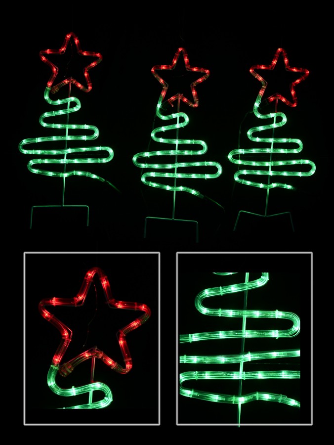 Green LED Christmas Trees With Red Stars Path Rope Light Silhouettes - 72cm