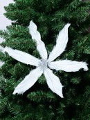 40cm White Faux Fur With Silver Glitter Poinsettia Christmas Tree Clip Pick