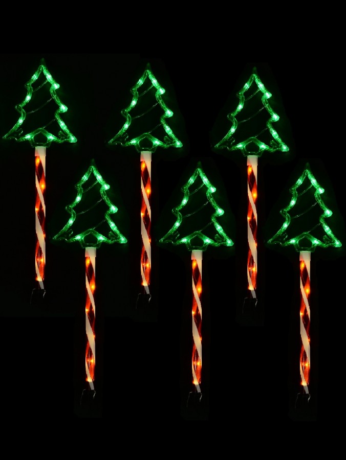 6x 61cm Green Trees On Red & White Stripe Path Light Set - Solar Or Electric
